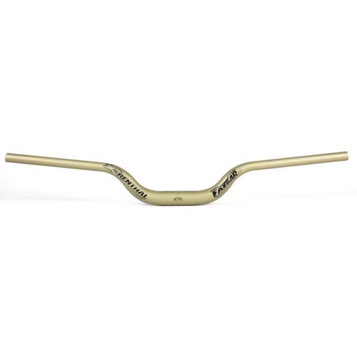 Gold Renthal FatBar 35 V3 handlebar, 70mm rise and 820mm width, featuring a sleek aluminum design and a distinctive bend for enhanced control and comfort.