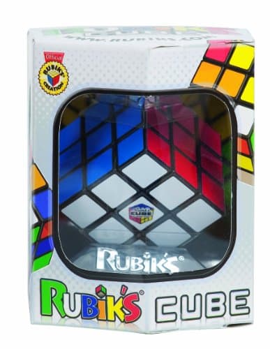 Colorful 3x3 Rubik's Cube in a clear plastic display box, featuring red, blue, green, yellow, orange, and white squares, with the Rubik's logo prominently displayed on the packaging.