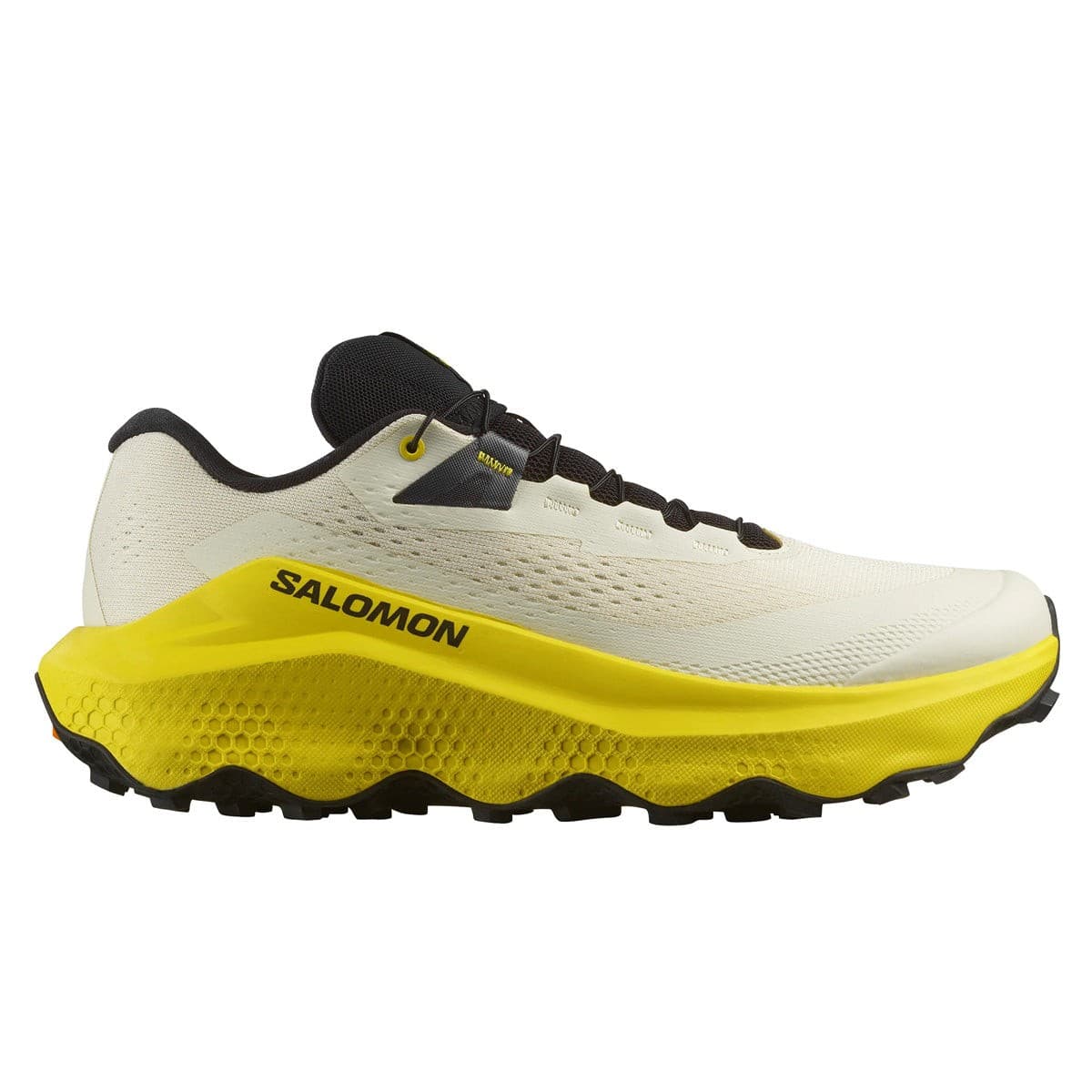 Salomon Ultra Glide 3 men's running shoes in almond milk, incaberry, and black, featuring a lightweight design, breathable mesh upper, and vibrant yellow midsole.