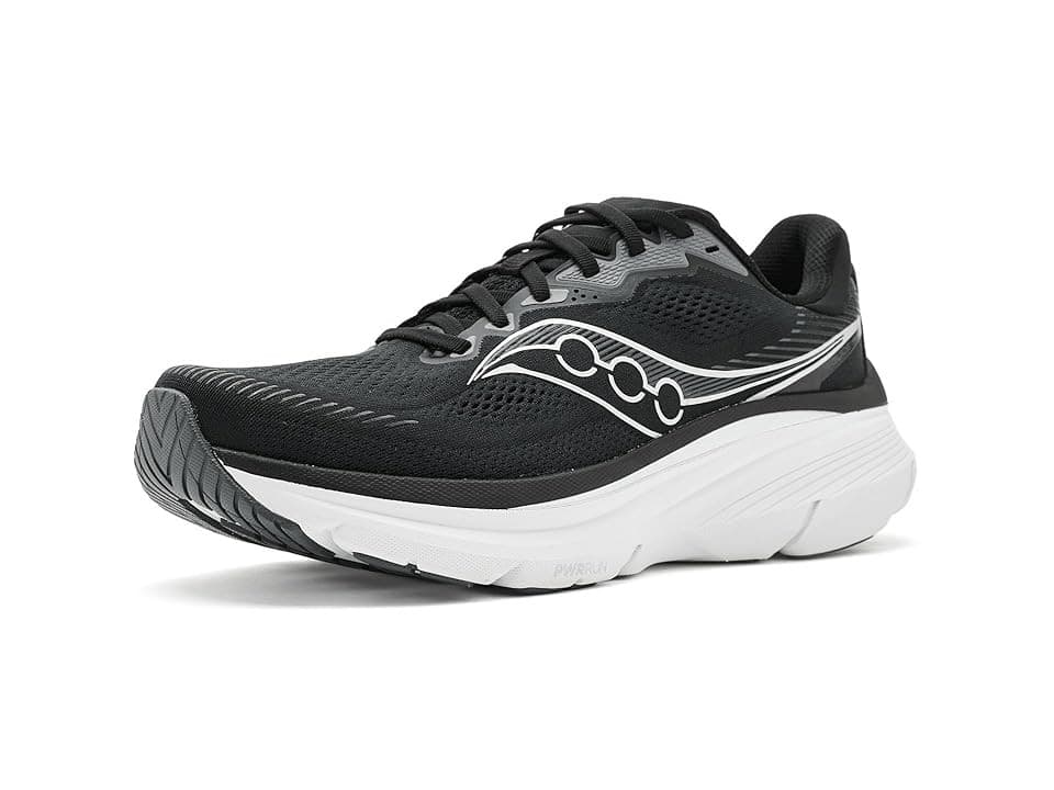 Black Saucony Guide 19 men's sneakers in size 10, featuring a breathable mesh and synthetic upper, with white accents and a cushioned sole for comfort.