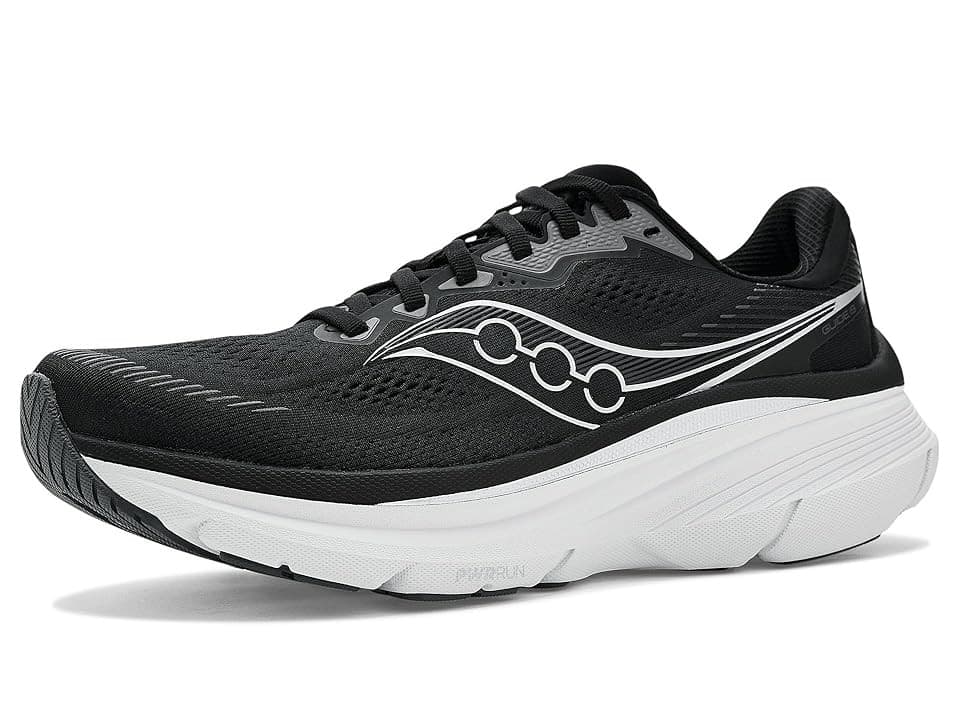 Black Saucony Guide 19 women's running shoe in size 6.5 W, featuring a breathable mesh upper, cushioned white midsole, and distinctive silver detailing on the sides.