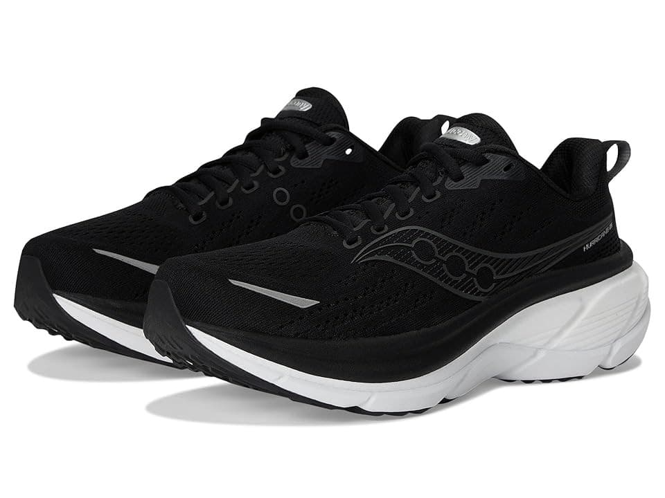 Black Saucony Women's Hurricane 25 running shoes in size 9 feature a breathable mesh upper, cushioned sole, and reflective detailing for visibility.
