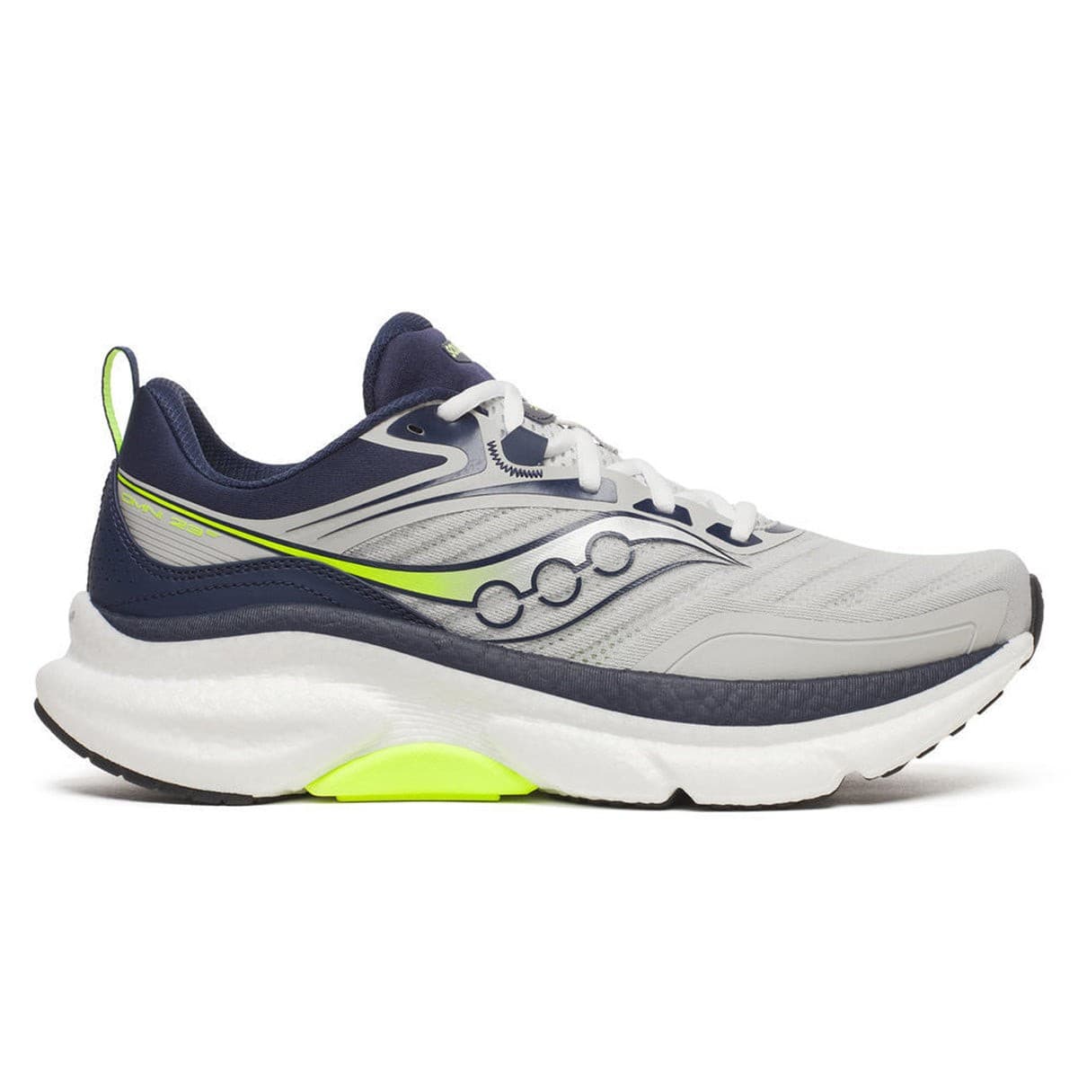 Men's Saucony Omni 23 ST running shoes in Mist and Navy, featuring a lightweight mesh upper, cushioned sole, and reflective accents for visibility.