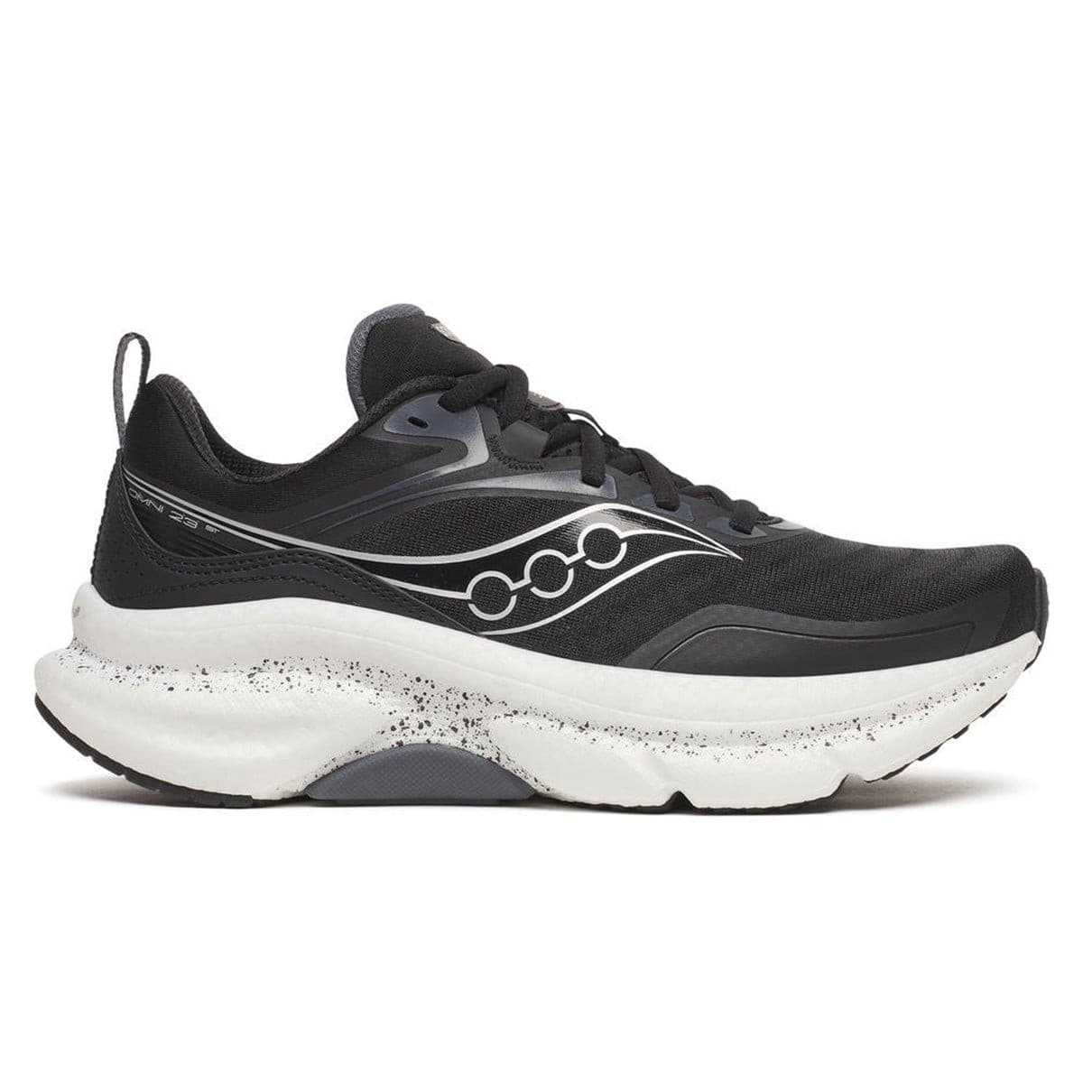 Black and silver Saucony Omni 23 St women's shoes, featuring a textile upper, cushioned white midsole with black speckles, and a sleek design for medium width, size 10 B.
