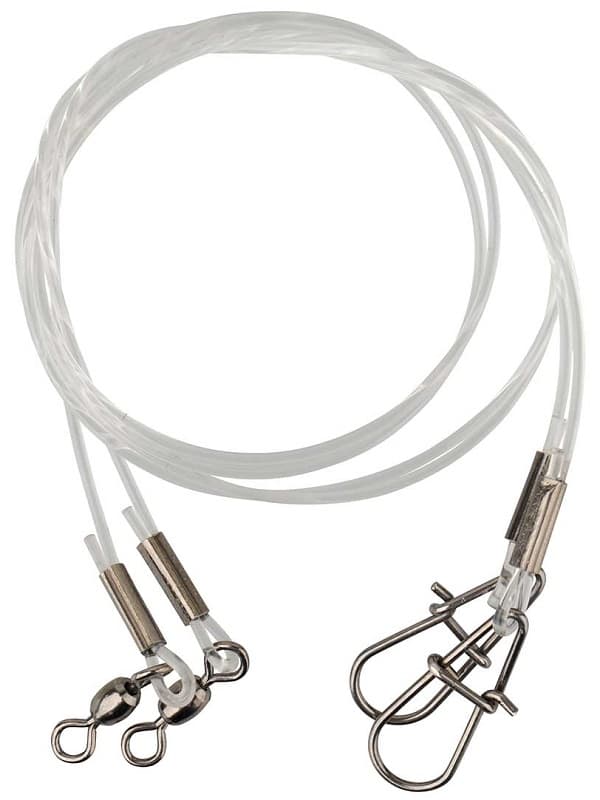 Three transparent fishing traces, each 100cm long and 0.85mm thick, featuring metal clips and swivels, designed for a 20kg weight capacity.