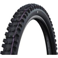 Black Schwalbe 29" folding tyre with aggressive tread pattern, purple stripe, and tubeless ready design for mountain biking.
