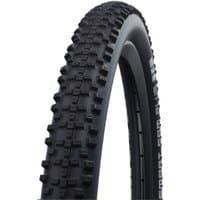 Black Schwalbe Smart Sam Plus 27.5" tyre with knobby tread pattern and ADDIX compound for enhanced grip.