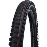 Black Schwalbe Tacky Chan Evo bike tire with knobby tread, red stripe, and white sidewall text, size 29" x 2.40".
