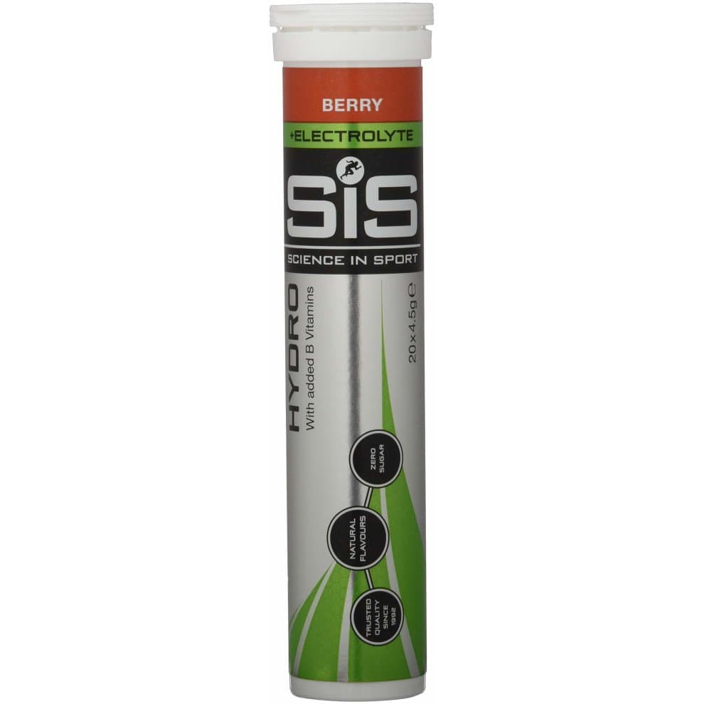Three-pack of Hydro Tabs in a cylindrical tube, featuring a vibrant green and black design with "Berry" flavor label and "Science in Sport" logo, containing 60 effervescent tablets.