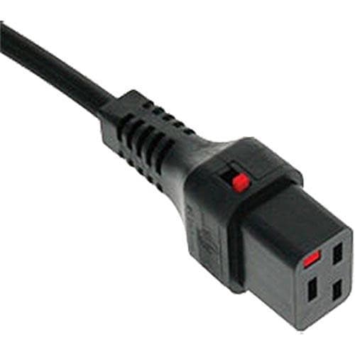 Black PVC power cable with a 3M length, featuring a C20 connector with a red locking mechanism and a C19 connector, designed for secure electrical connections.