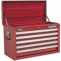 Red Sealey topchest with five drawers, ball-bearing slides, and side handles.