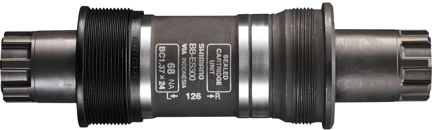 "Shimano BB-ES300 Bottom Bracket, black cylindrical body, silver labeling, threaded ends, 68-126mm size"