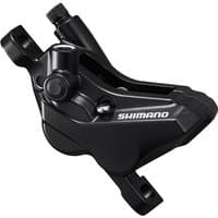 Black Shimano BR-MT420 4-piston caliper with post mount, sleek design and visible Shimano logo.