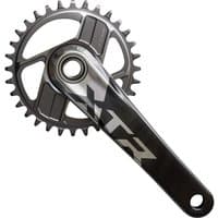 Black Shimano FC-M9220 XTR 12-speed crank set, sleek design, silver XTR logo, without chainring, 165mm length.