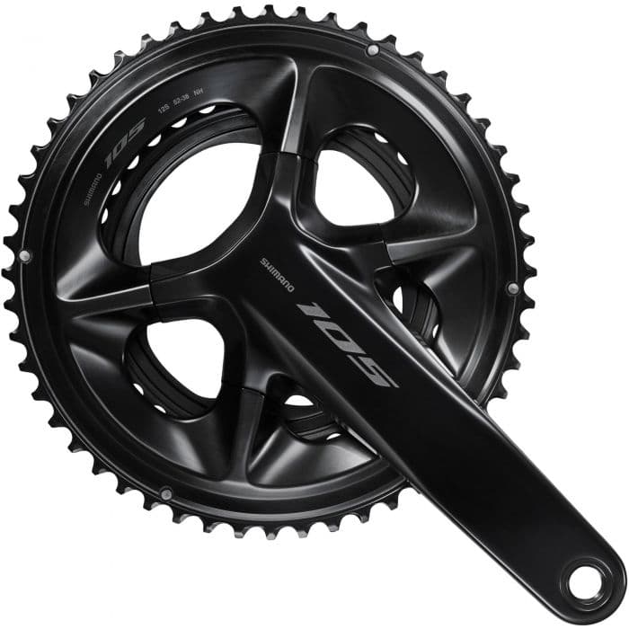 Shimano FC-R7100 105 double chainset in sleek black finish, featuring three chainrings, a 165mm crank arm length, and prominent "105" branding.