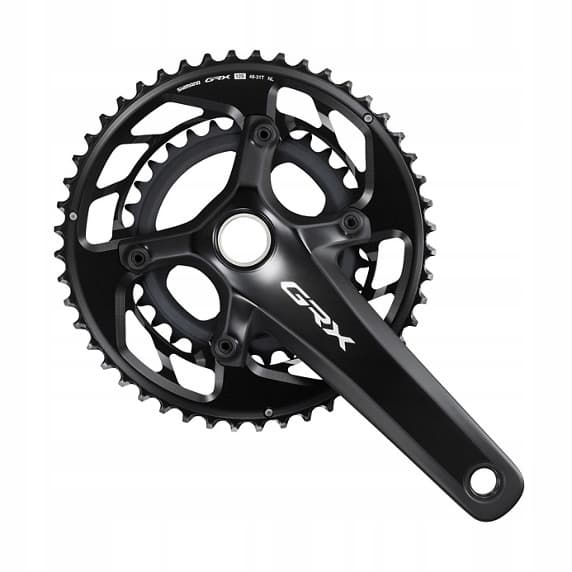 Black Shimano GRX FC-RX820 double chainset with 172.5mm crank arms, featuring a sleek design and 12-speed compatibility, ideal for gravel biking.