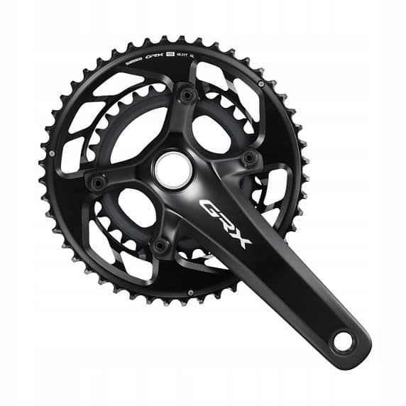 Black Shimano FC-RX820 GRX double chainset with 175mm crank arms, featuring a sleek design, two chainrings, and detailed cutouts for weight reduction.