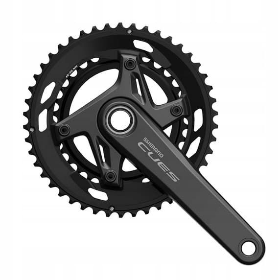 Shimano FC-U6030-1 CUES double chainset in black, featuring a 2-piece design, 170mm crank arm length, and compatibility with 9/10/11-speed systems.