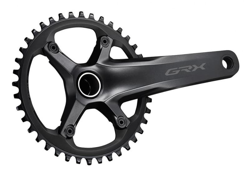 Shimano GRX FC-RX600 chainset in black, featuring a 40T single chainring, 170 mm crank arm length, and a sleek design with the "GRX" logo prominently displayed.