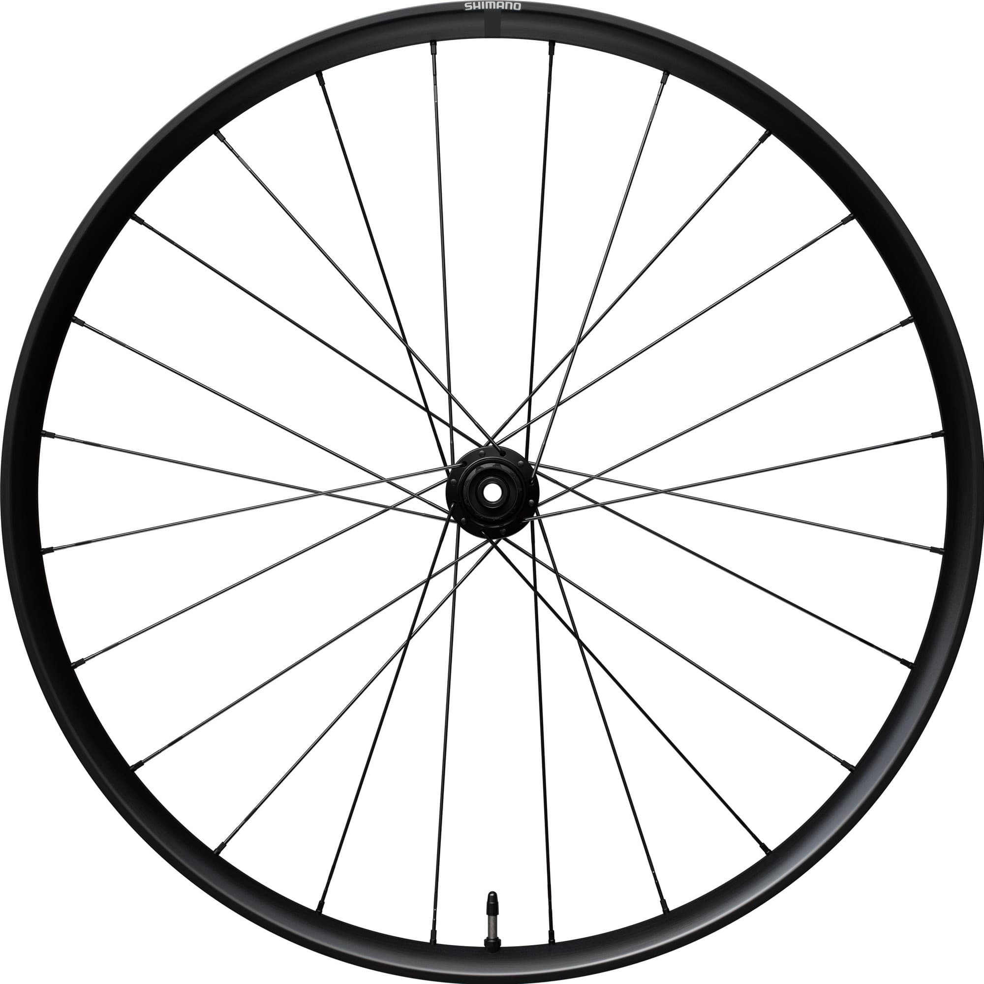 Black Shimano GRX WH-RX180 rear wheel features a tubeless design, clincher rim, and disc brake compatibility, showcasing a sleek, minimalist aesthetic with straight spokes.