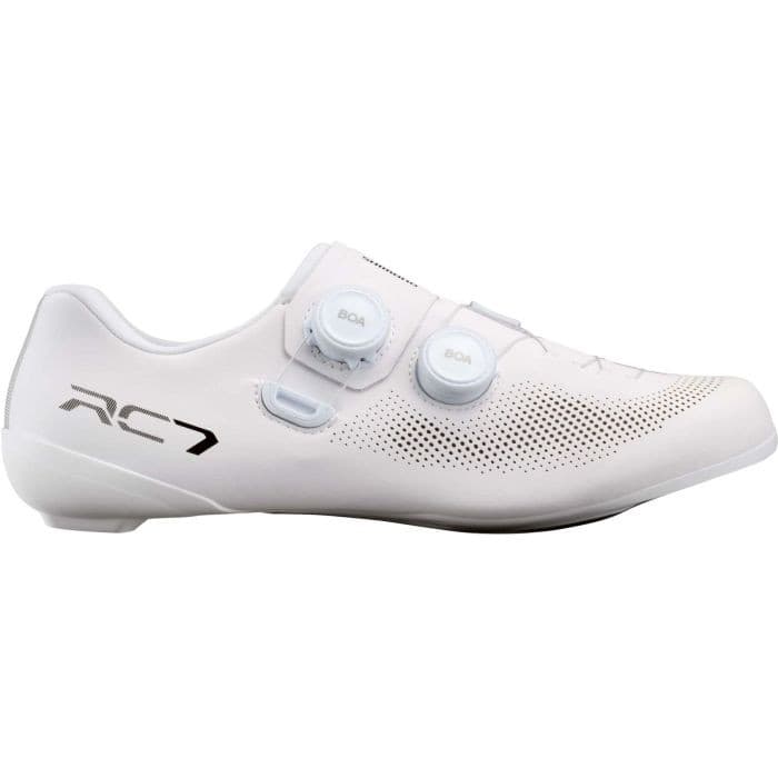 White Shimano RC7 (RC703) road shoes in size 42, featuring a sleek design, perforated upper for breathability, and dual BOA dial closures for a secure fit.