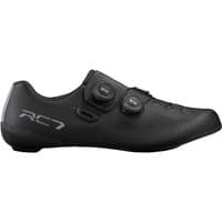Black Shimano RC7 road cycling shoe with dual BOA dials and sleek aerodynamic design.