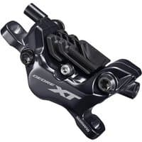 Black Shimano XT M8120 4 piston post mount caliper with silver logo and sleek, angular design.