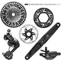 SRAM Eagle 90 DUB Groupset for EMTB, includes black crankset, derailleur, cassette, chainring, and shifter.