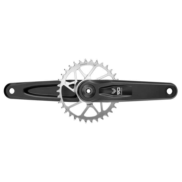 SRAM Eagle 90 Transmission Crankset in black aluminum, featuring a sleek design with a silver chainring and a 175mm arm length, ideal for high-performance cycling.