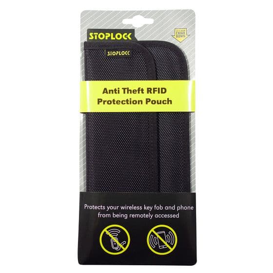 Black, durable fabric pouch with a sleek design, labeled "Stoplock Anti Theft RFID Protection Pouch," featuring RFID protection for keys and phones, packaged in a clear plastic sleeve.