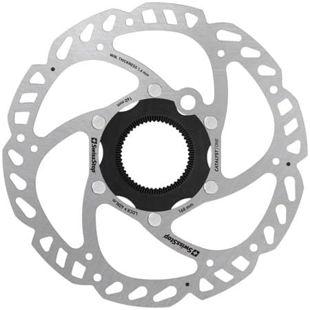 Silver stainless steel disc rotor with a centerlock design, featuring a unique five-spoke pattern and labeled "SwissStop Catalyst One" for 160mm compatibility.
