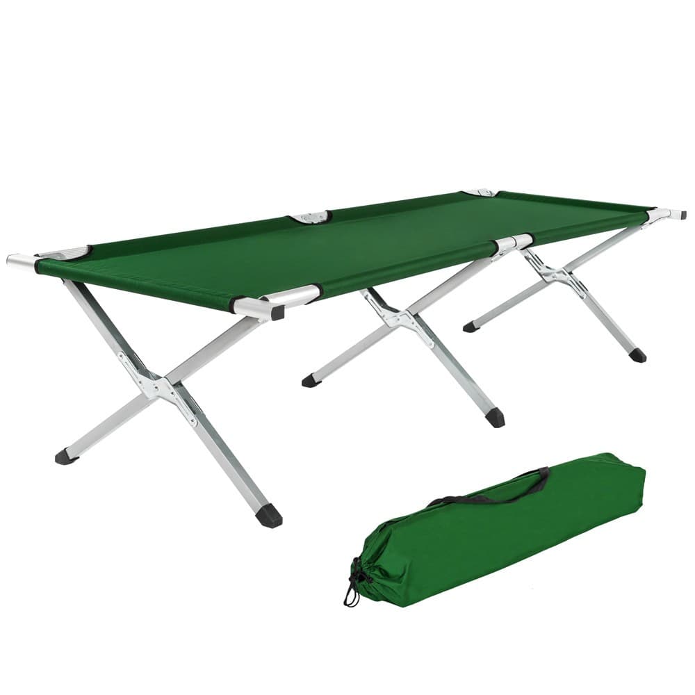 Three green camping beds made of durable aluminium, featuring a sturdy frame and a foldable design, accompanied by a matching green carrying bag.