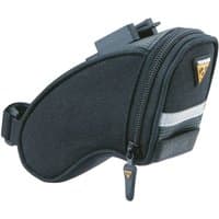 Black Topeak Aero Wedge Saddle Bag with QuickClick, reflective strip, and zippered compartment.