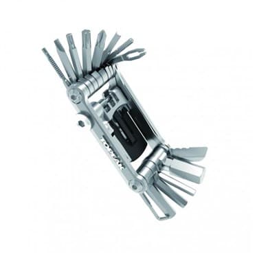Silver multi-tool featuring various metal tools and bits, compact design with a sleek finish, ideal for bike repairs and maintenance.
