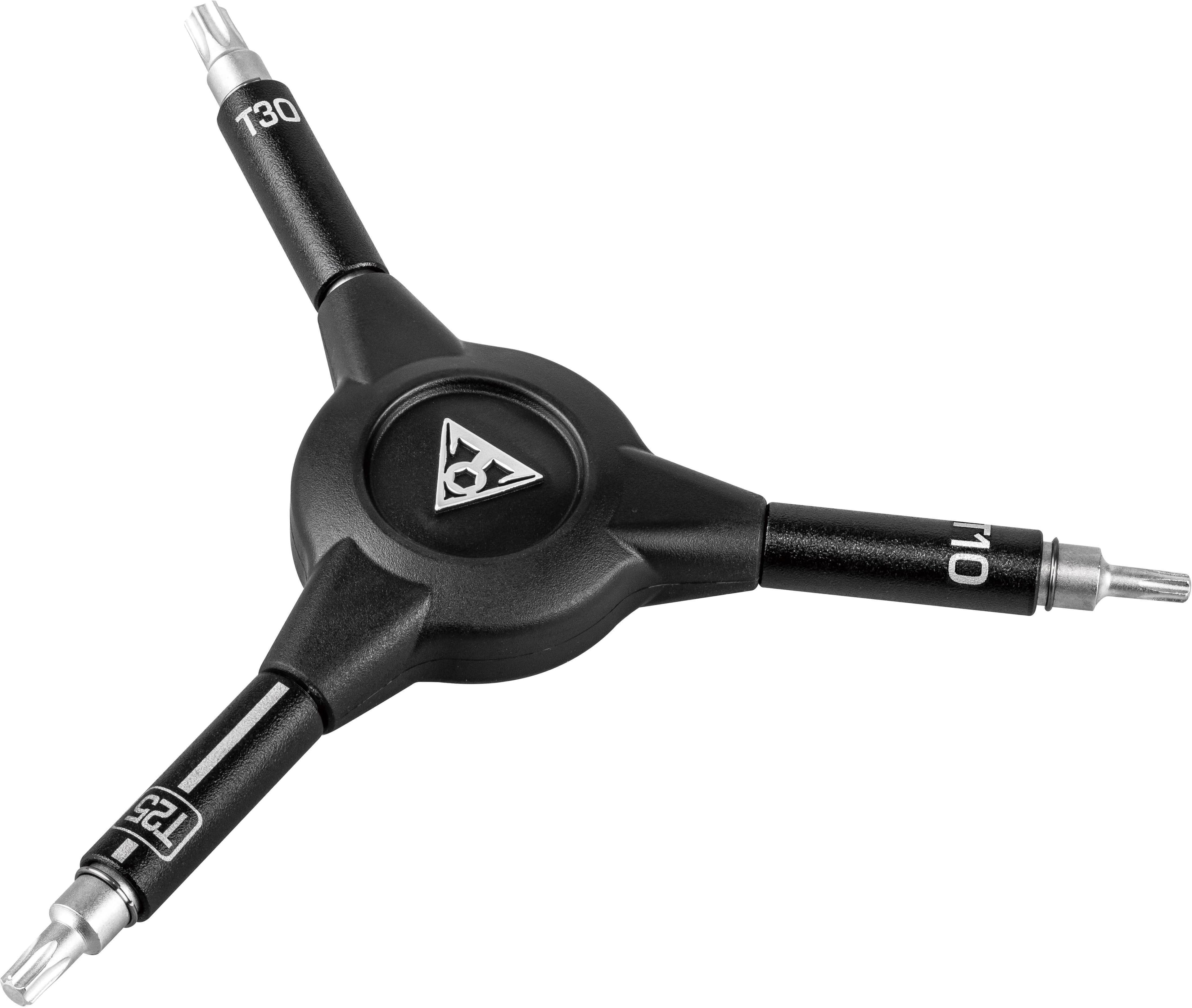 Black Topeak Y-Torx Speed Wrench with three arms labeled T10, T25, T30, and central triangular logo.