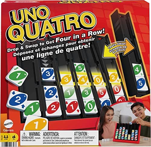 Colorful UNO Quatro game box featuring a grid for dropping and swapping numbered tiles in red, blue, green, and yellow, with two children playing in the corner.
