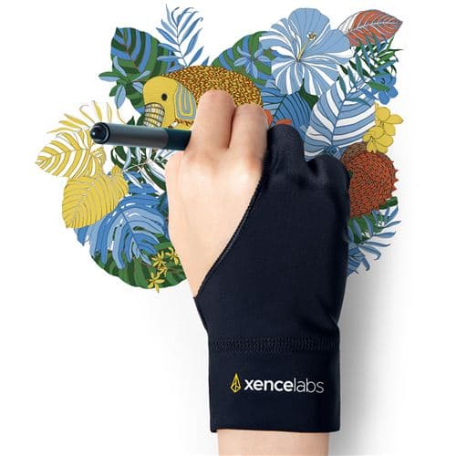 Black, small Xencelabs glove made of stretchy material, featuring an open fingertip design, worn on a hand holding a stylus, with a colorful floral background.
