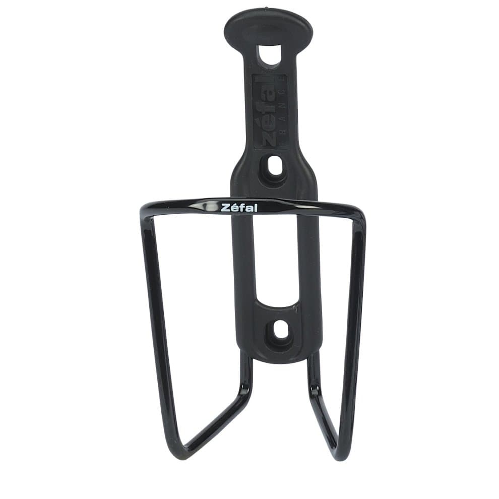 Black Zefal Aluplast 124 bottle cage made of lightweight plastic, featuring a sleek design with a prominent logo and two side openings for secure bottle placement.