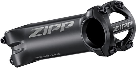 Zipp Service Course SL Stem in matte black aluminum, featuring a 120mm length, 17-degree angle, and prominent silver Zipp branding on the side.