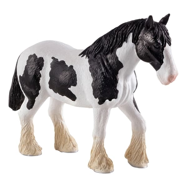 Realistic black and white Clydesdale horse figurine with textured fur, detailed facial features, and distinctive feathering on the legs, crafted from durable plastic.