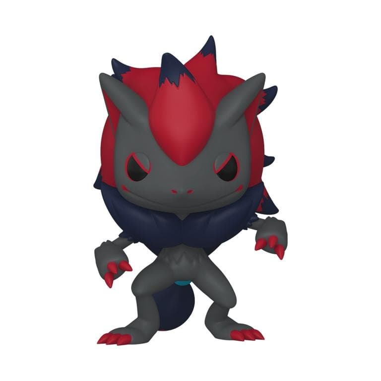 Zoroark vinyl figure features a gray body with red and blue accents, sharp claws, pointed ears, and a fierce expression, showcasing its iconic Pokémon design.