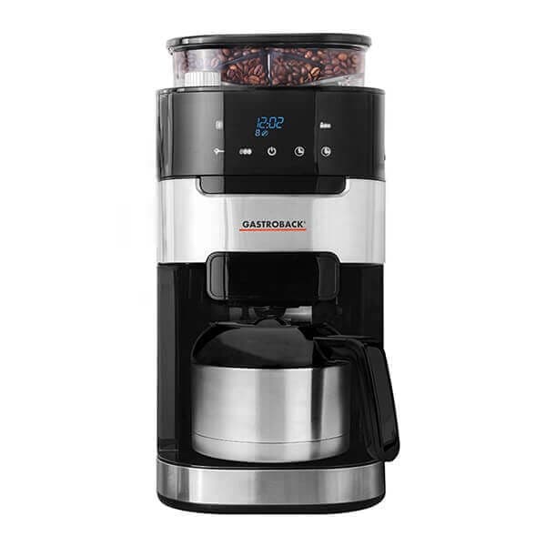 Silver Gastroback Grind & Brew Pro Thermo coffee machine featuring a digital display, built-in grinder, and a stainless steel thermal carafe for optimal coffee brewing.