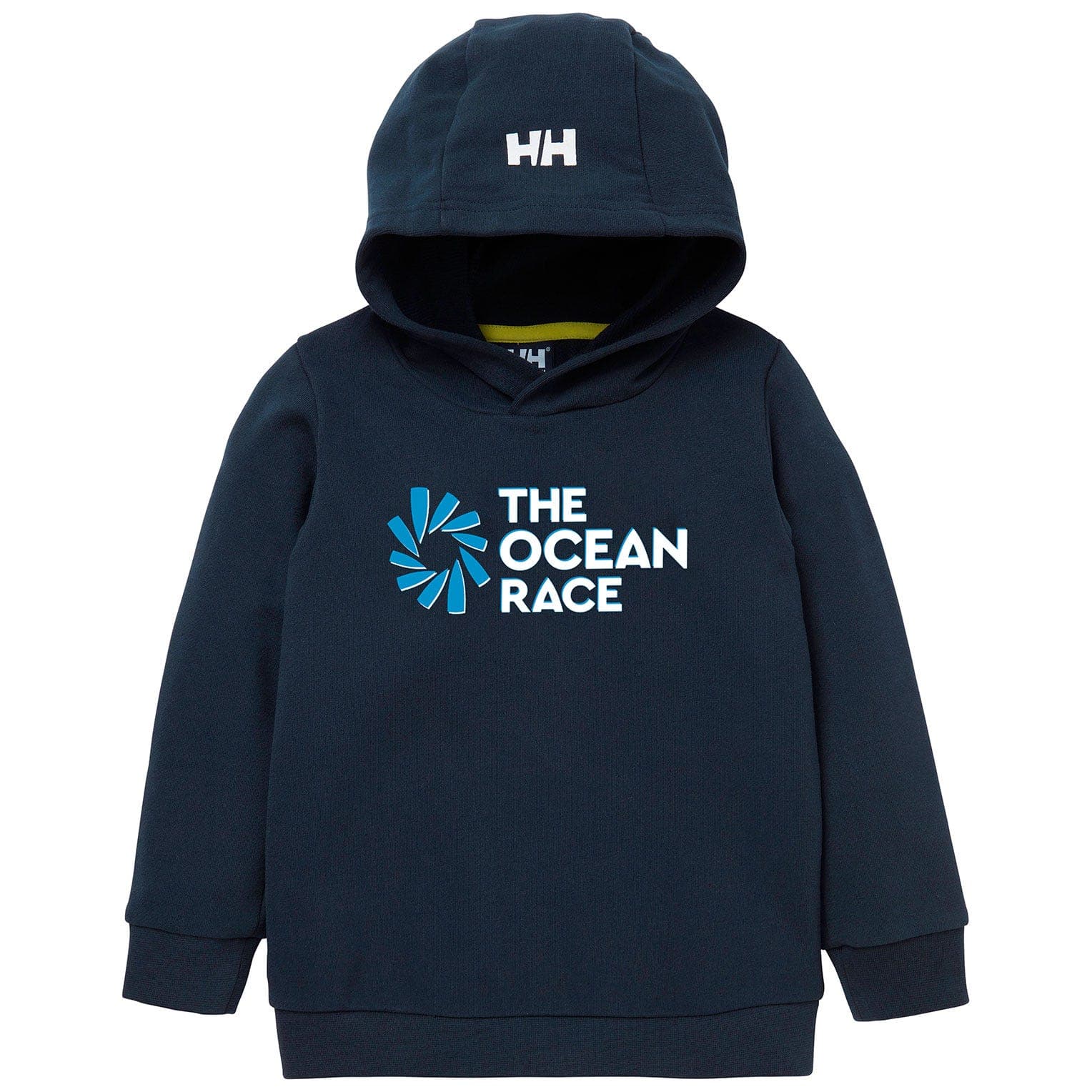Navy blue children's hoodie featuring a front graphic that reads "THE OCEAN RACE" in white and blue, with a drawstring hood and Helly Hansen logo on the upper front.