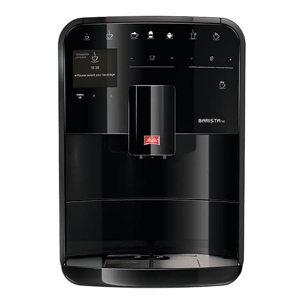 Sleek black Melitta Barista SE F830-003 coffee machine with a digital display, touch controls, and a central coffee spout for bean-to-cup brewing.