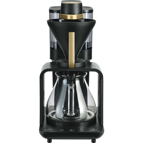 Melitta EPOUR Gold Filter Coffee Machine features a sleek black design with a gold accent, transparent water reservoir, and a glass carafe for brewing coffee.