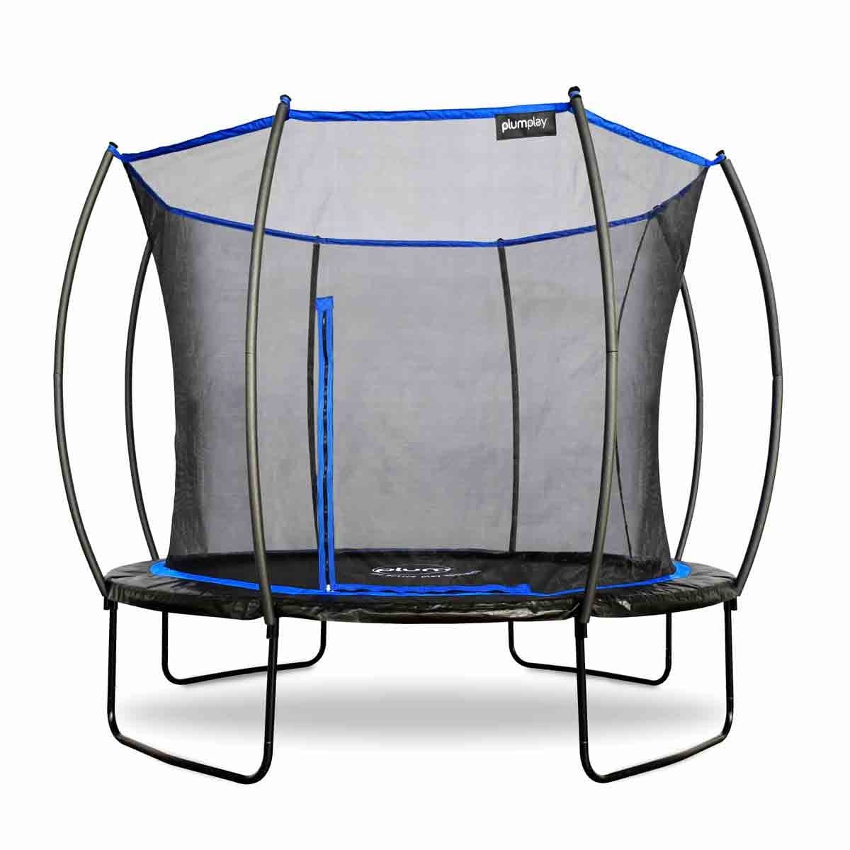 Blue Plum Play 10ft Deluxe Springsafe trampoline with a black jumping surface, safety enclosure, and sturdy metal frame, featuring blue accents on the netting and frame.