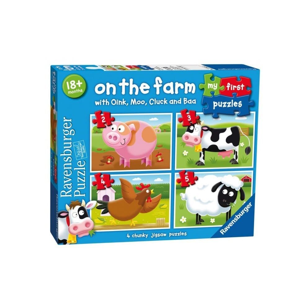 Colorful puzzle box featuring cartoon farm animals like a pig, cow, chicken, and sheep, labeled "My First Puzzles - on the Farm" with four chunky jigsaw puzzles for ages 2 to 9.
