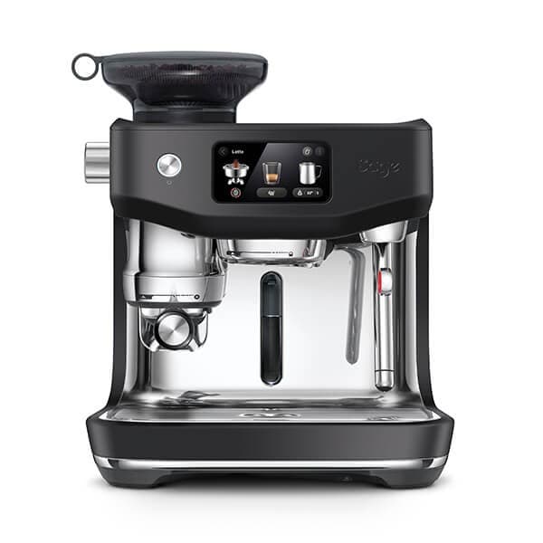 Sage Oracle Jet Coffee Machine in Black Truffle, featuring a sleek black body, stainless steel accents, a digital display, and a built-in grinder for espresso preparation.