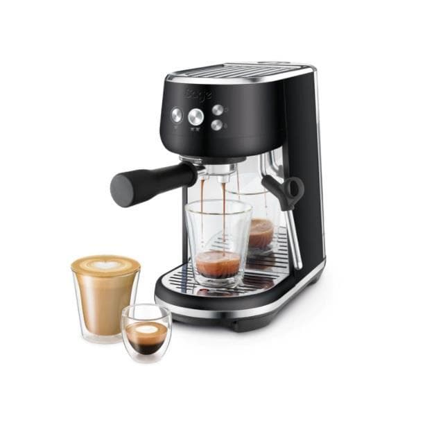 Sage the Bambino™ SES450BTR4EEU1 espresso machine in black with a chrome finish, featuring a milk frother, two espresso shots in glass cups, and a sleek design.