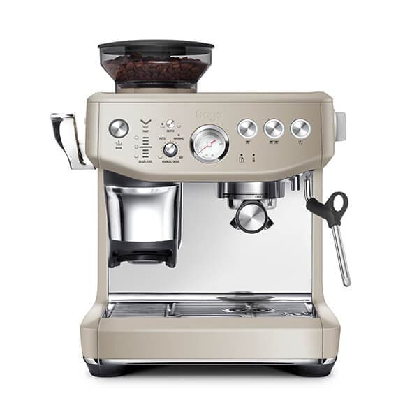 Sage Barista Express Impress coffee machine in almond nougat color, featuring a stainless steel portafilter, built-in grinder, steam wand, and a clear bean hopper on top.